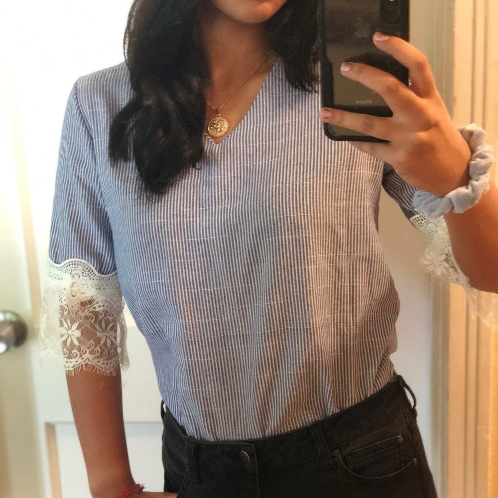 Blue Striped Lace Blouse